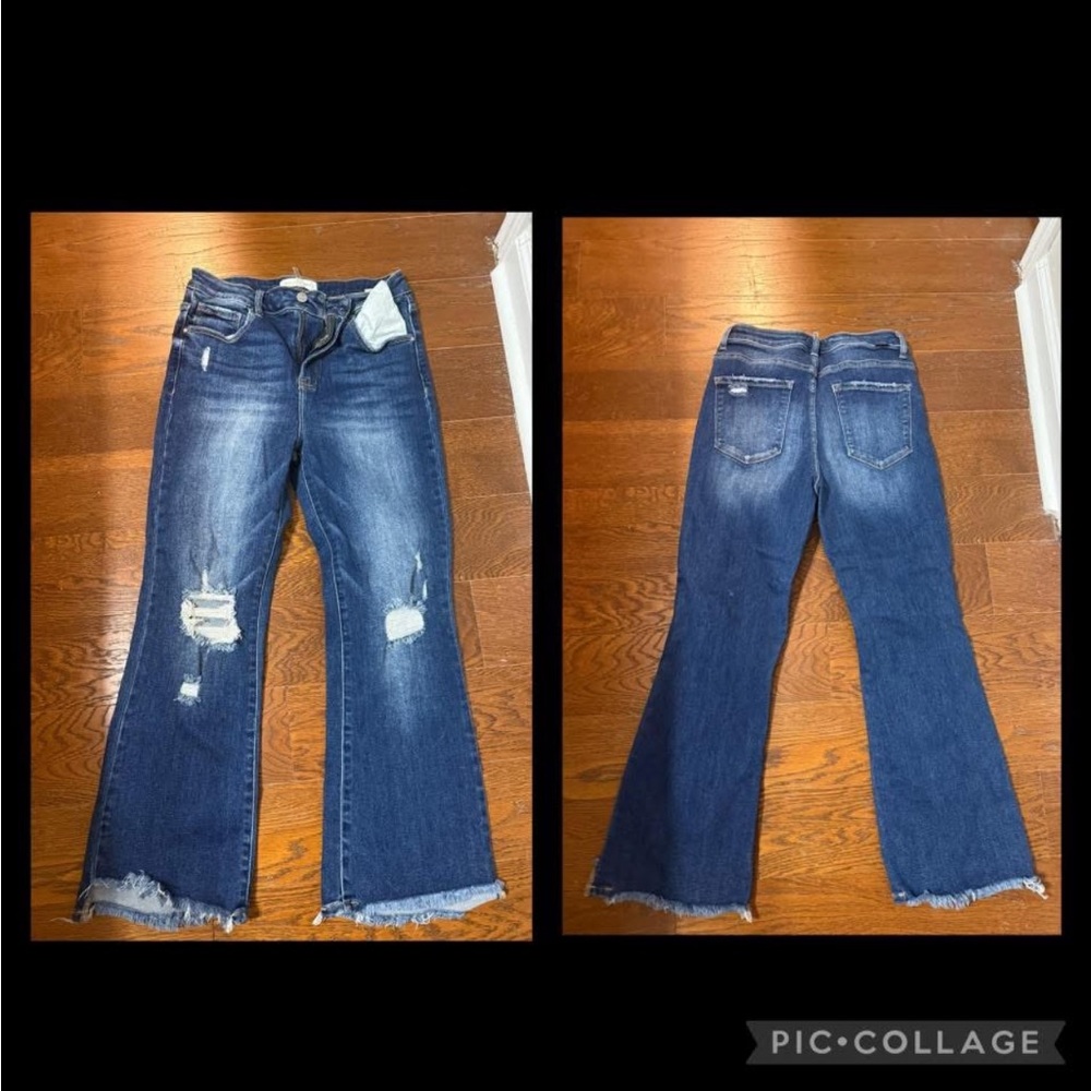 Classic Blue Flare Jeans with Distressed Details